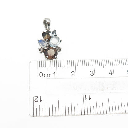 925 Sterling Silver Real Smoky Quartz Blue Topaz & Moonstone Charm Pendant