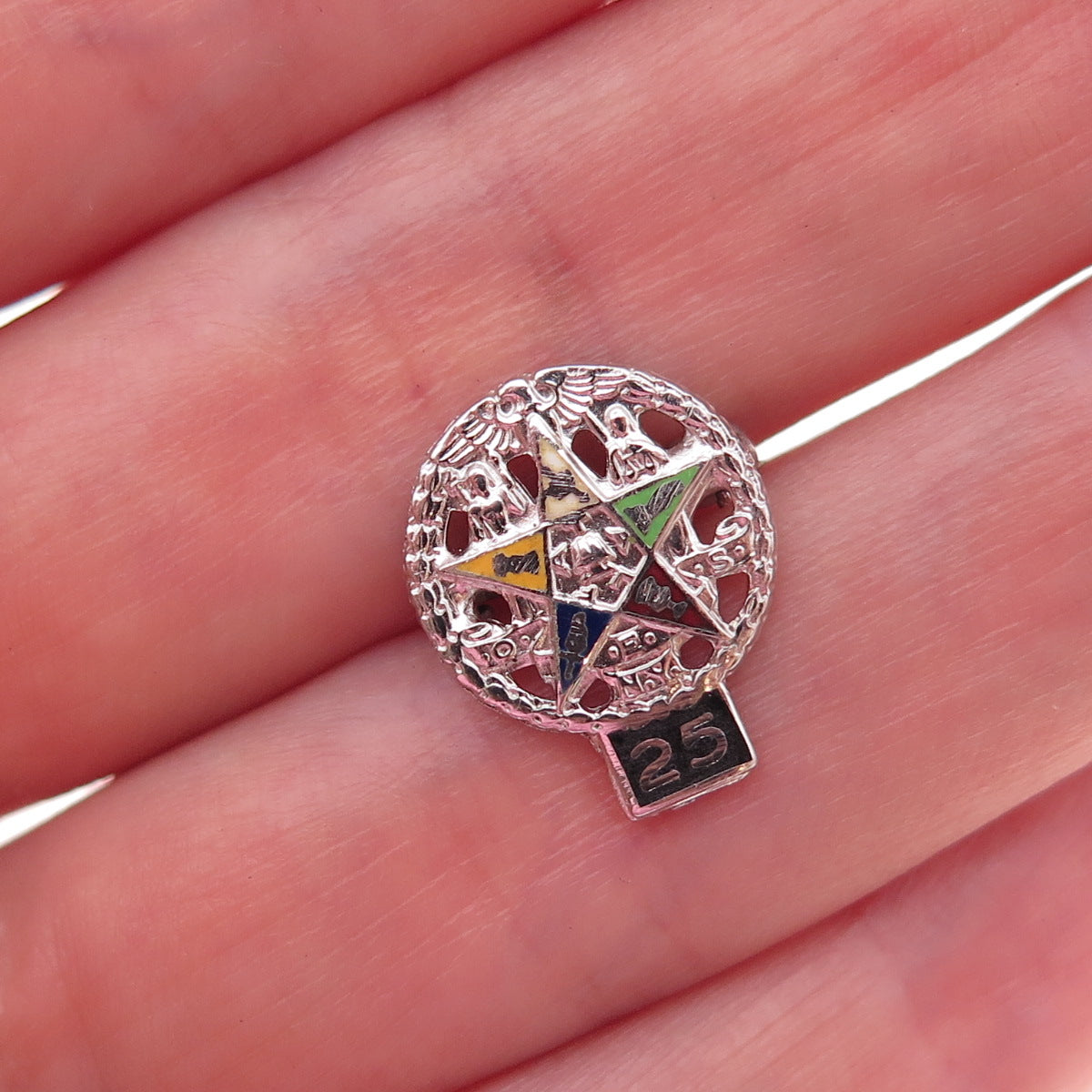 925 Sterling Silver Antique Enamel Order of the Eastern Star 25 Years Pin Brooch