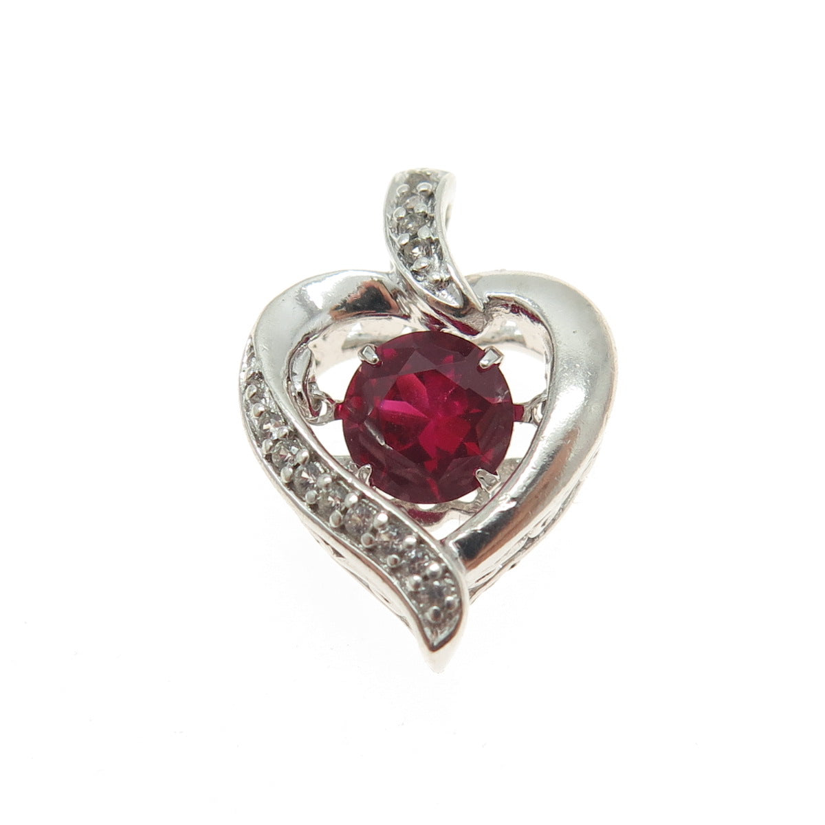 925 Sterling Silver Real White Topaz Gemstone & Lab-Created Ruby Heart Pendant