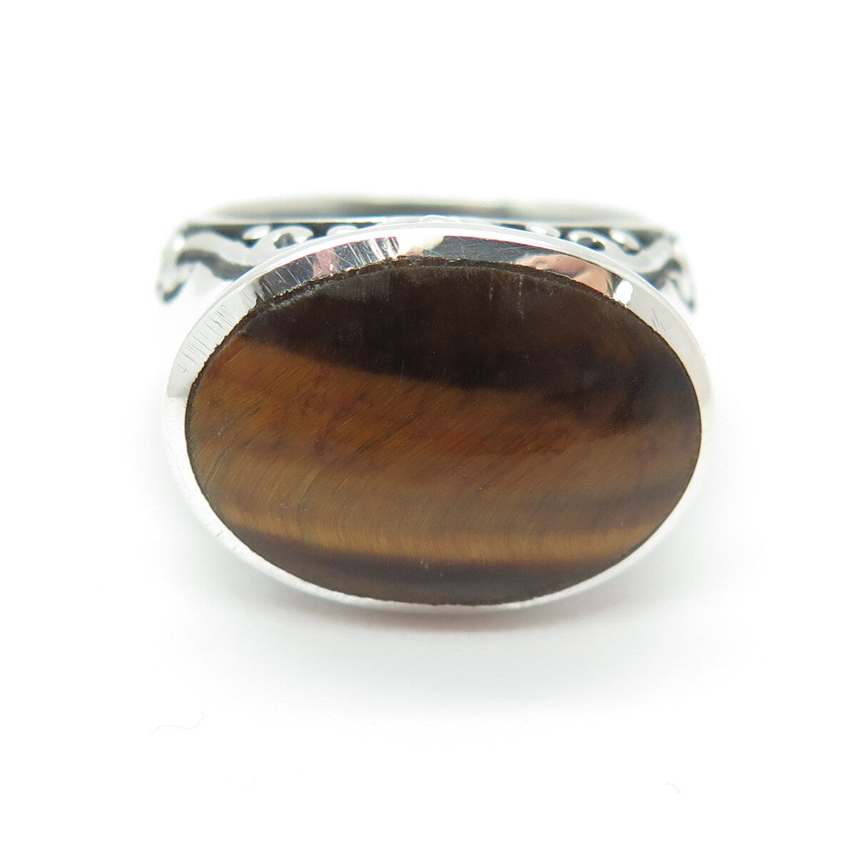 925 Sterling Silver Real Tiger Eye Gemstone Swirl Domed Ring Size 6