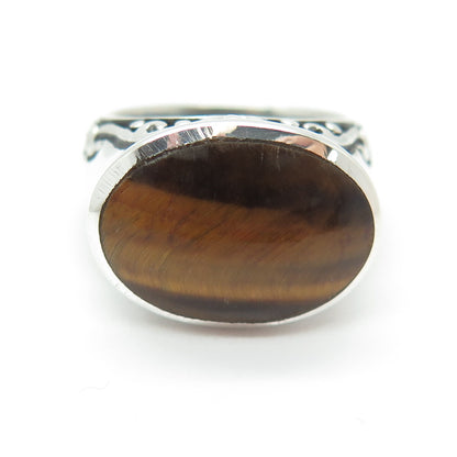 925 Sterling Silver Real Tiger Eye Gemstone Swirl Domed Ring Size 6