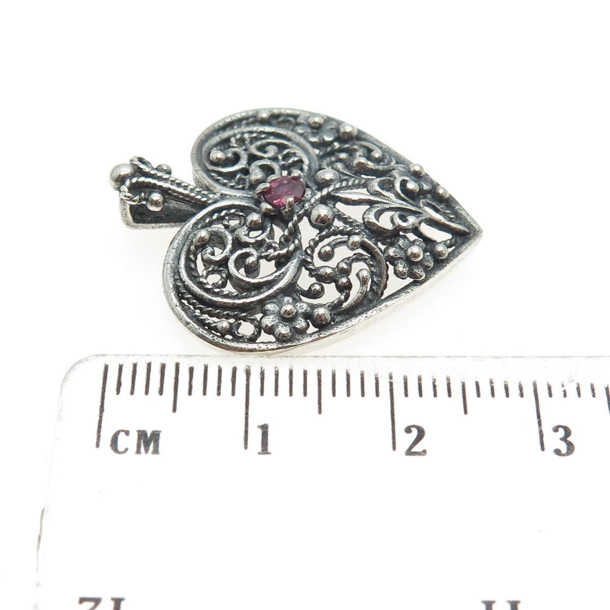 FRANKLIN MINT 925 Sterling Silver Vintage Ruby Gem Heart Ornate Oxidized Pendant