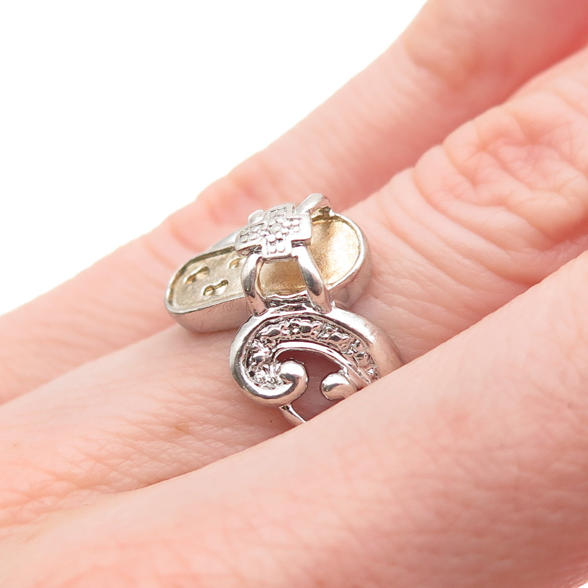 925 Sterling Silver 2-Tone Real Diamond Accent He Walks w/ Me Cross Ring Size 6