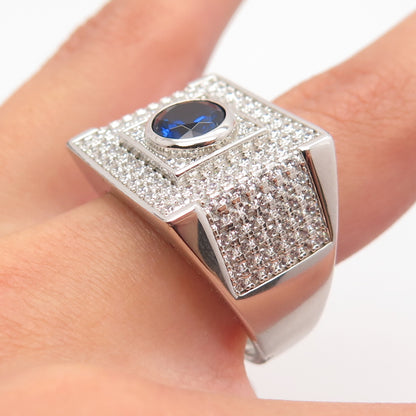925 Sterling Silver White & Blue C Z Wide Men's Ring Size 11