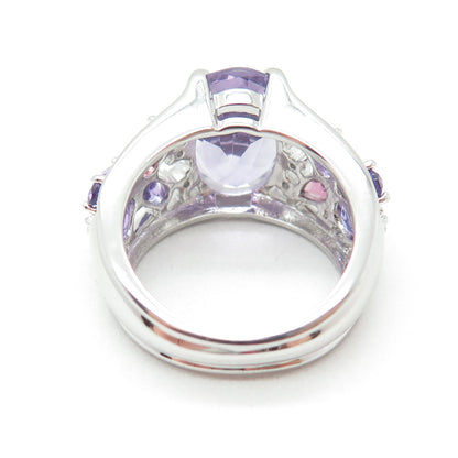 925 Sterling Silver Real Purple & Pink Amethyst & C Z Cluster Ring Size 6.75