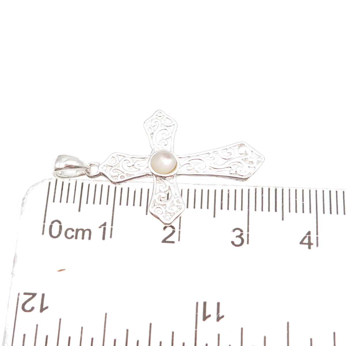 Charles Winston 925 Sterling Vintage Real MOP Floral Scroll Cross Charm Pendant