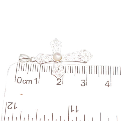Charles Winston 925 Sterling Vintage Real MOP Floral Scroll Cross Charm Pendant