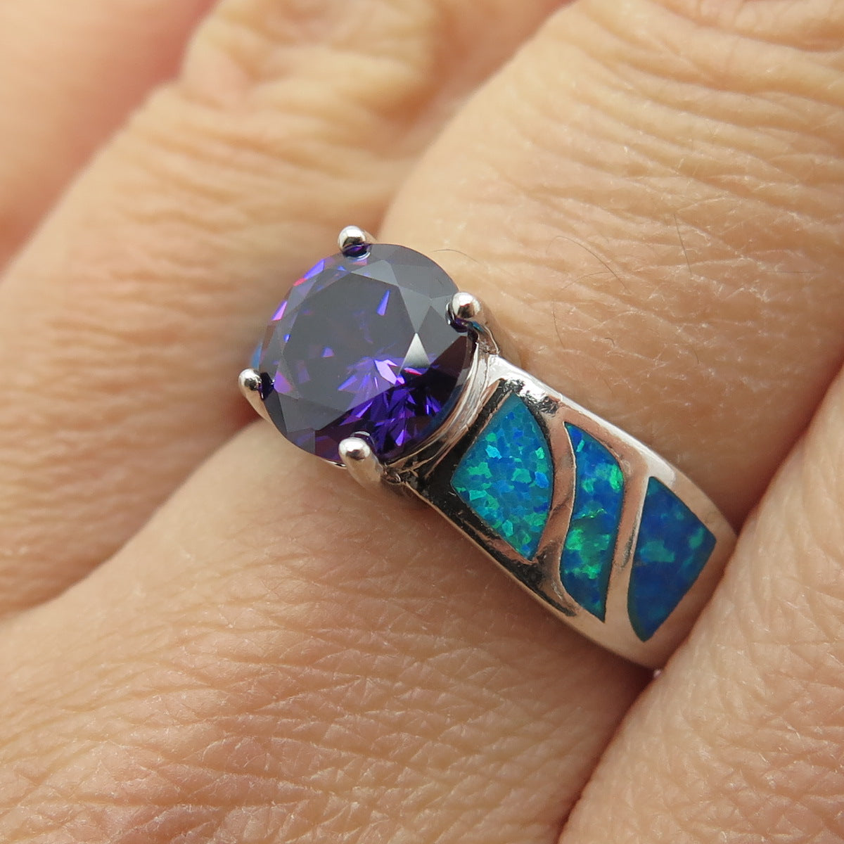 925 Sterling Silver Vintage Real Opal & Amethyst Ring Size 7.75