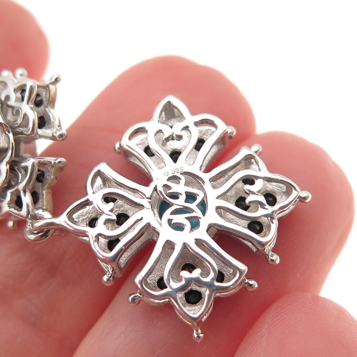 925 Sterling Silver Real Turquoise & Black Spinel Floral Cross Dangle Earrings