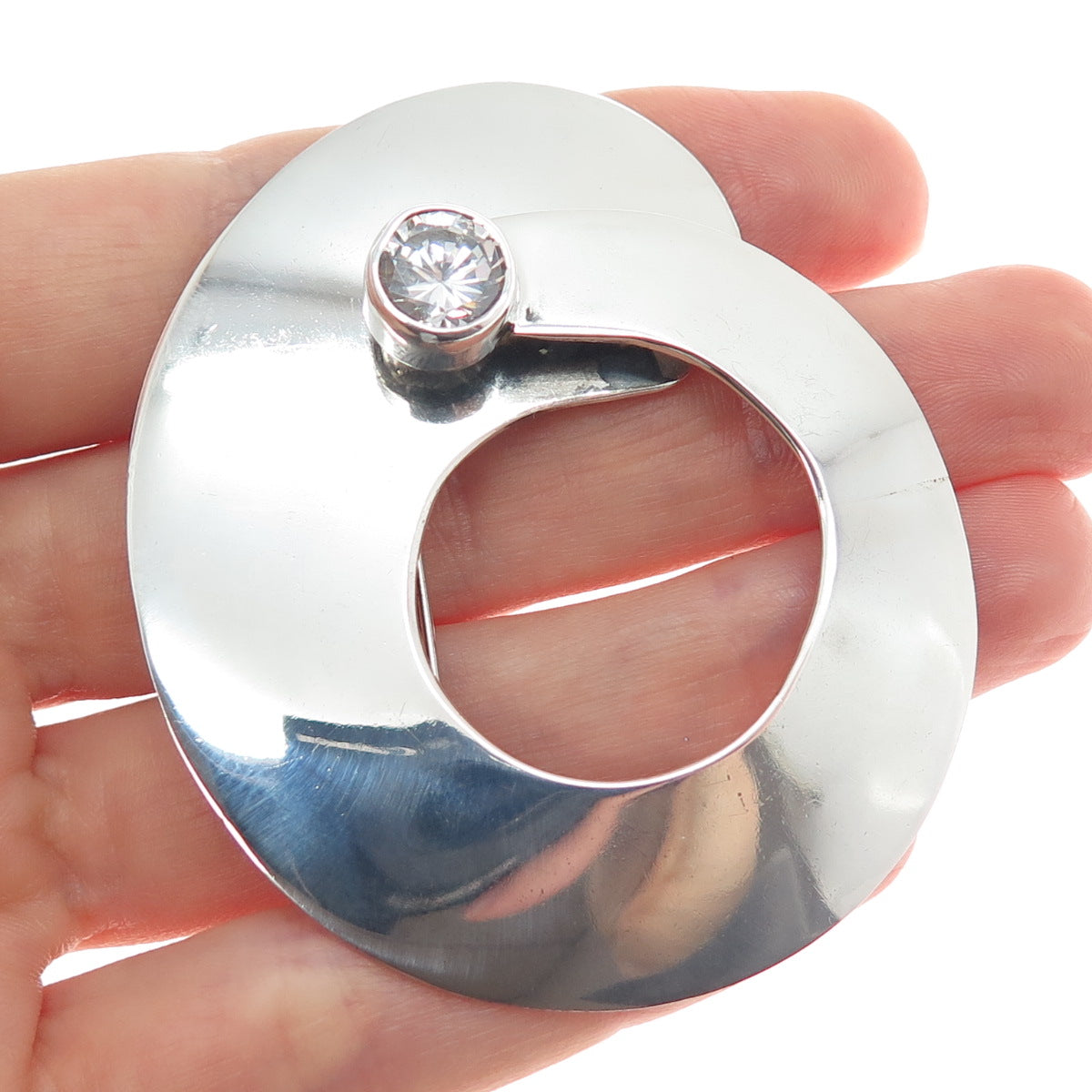 925 Sterling Silver Vintage Mexico Round-Cut C Z Modernist Pin Brooch