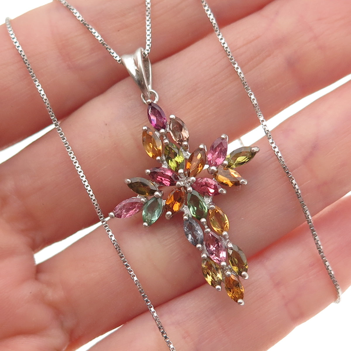 925 Sterling Silver Real Multi-Color Tourmaline Cross Box Chain Necklace 18"