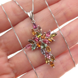 925 Sterling Silver Real Multi-Color Tourmaline Cross Box Chain Necklace 18"