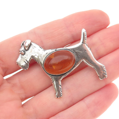 925 Sterling Silver Vintage Real Amber Airedale Terrier Dog Oxidized Pin Brooch