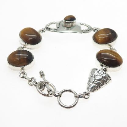 925 Sterling Silver Vintage Real Tiger Eye Modernist Link Bracelet 6-6.75"