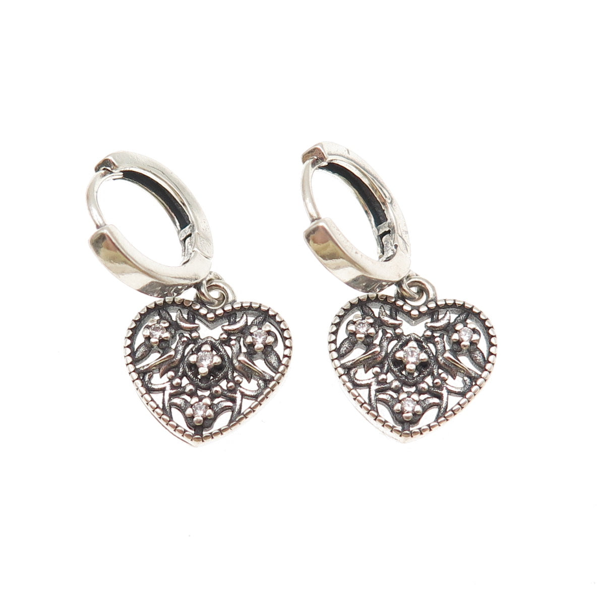 925 Sterling Silver Round-Cut C Z Heart Dangle Charm Hoop Earrings
