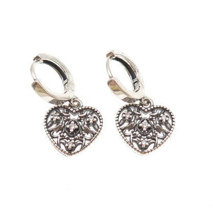 925 Sterling Silver Round-Cut C Z Heart Dangle Charm Hoop Earrings