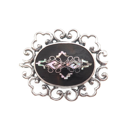 925 Sterling Silver Vintage PGG Mexico Real MOP Ornate Pin Brooch / Pendant