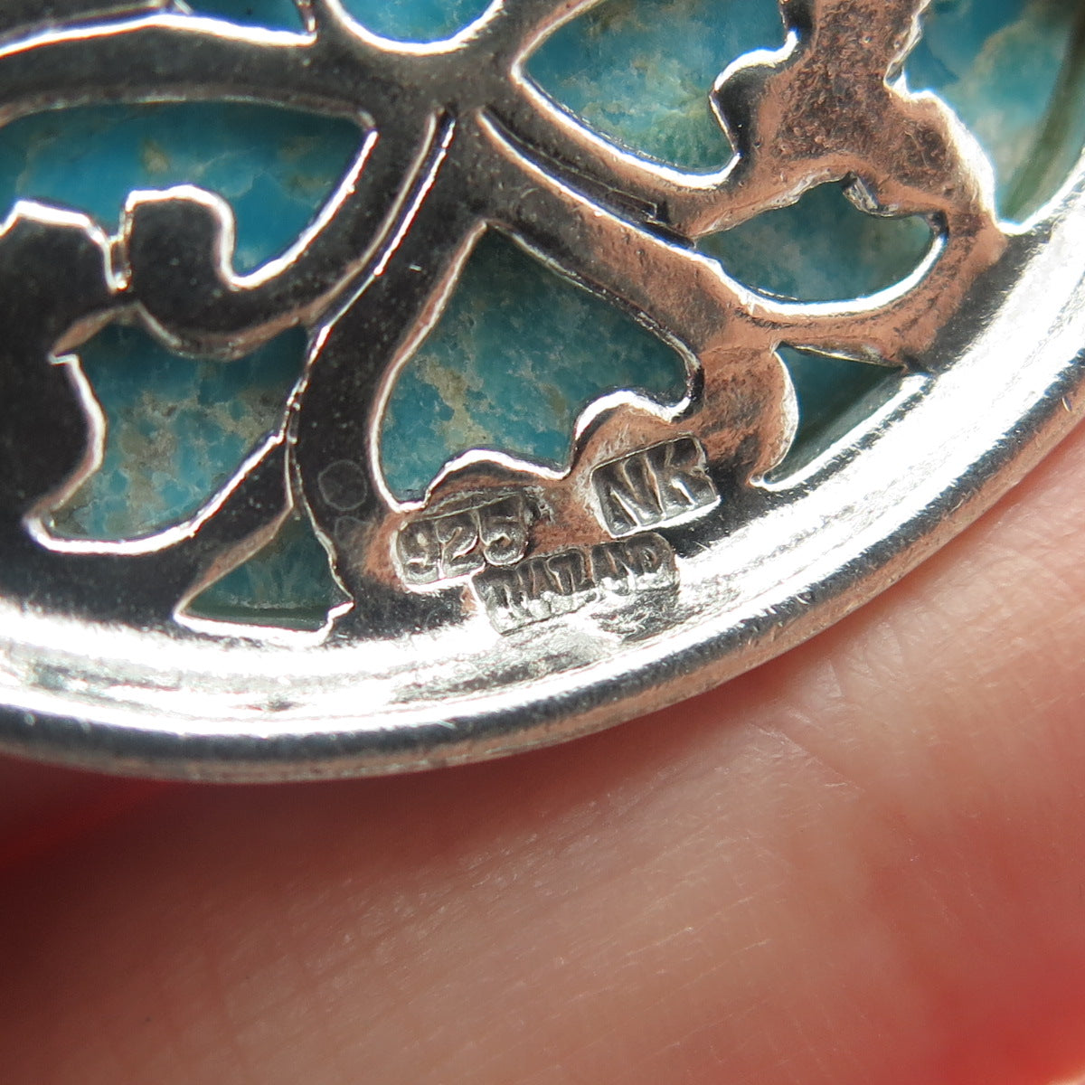 NK SILVER 925 Sterling Silver Vintage Real Turquoise Ornate Pendant