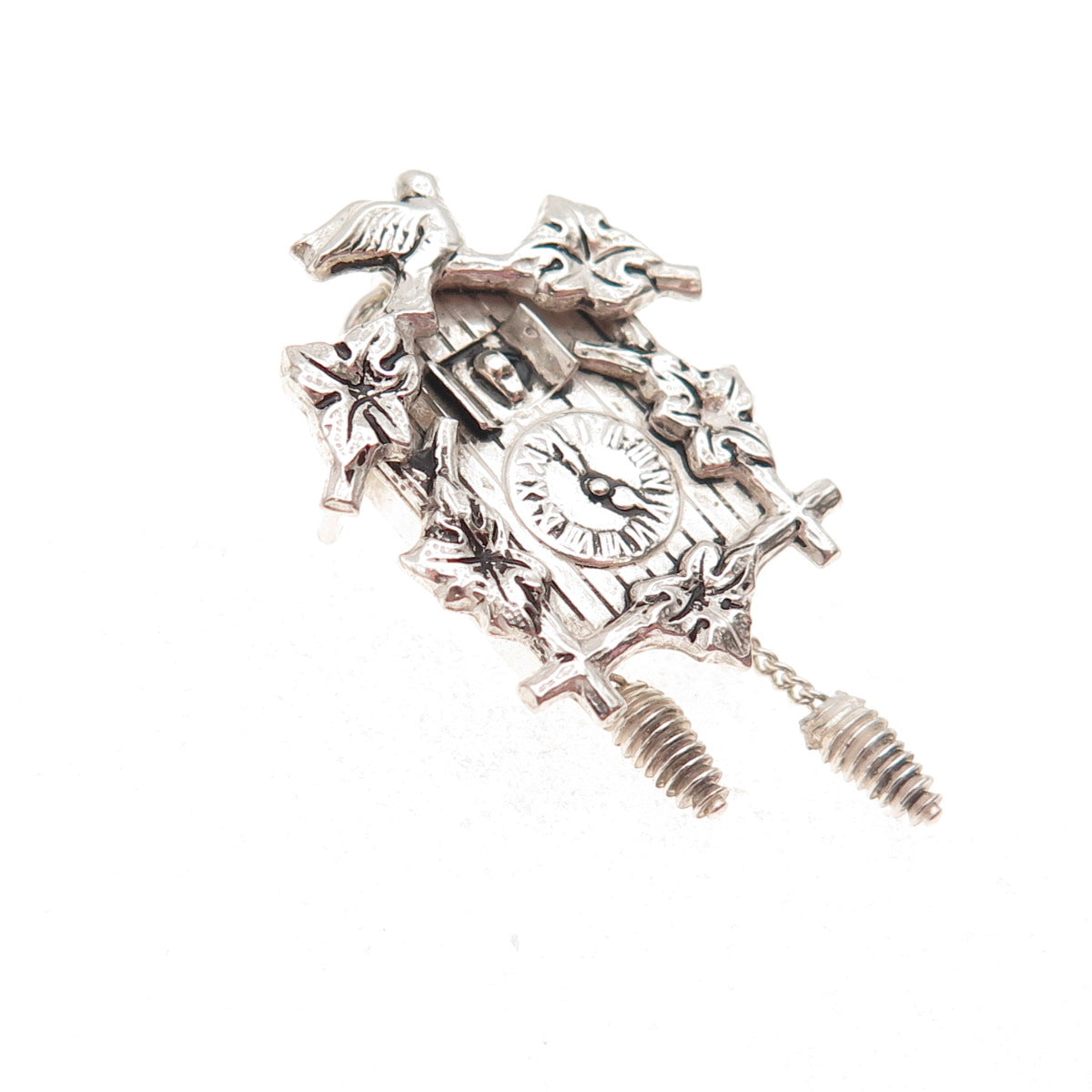 800 Silver Antique Art Deco Cuckoo Clock Oxidized 3D Charm Pendant