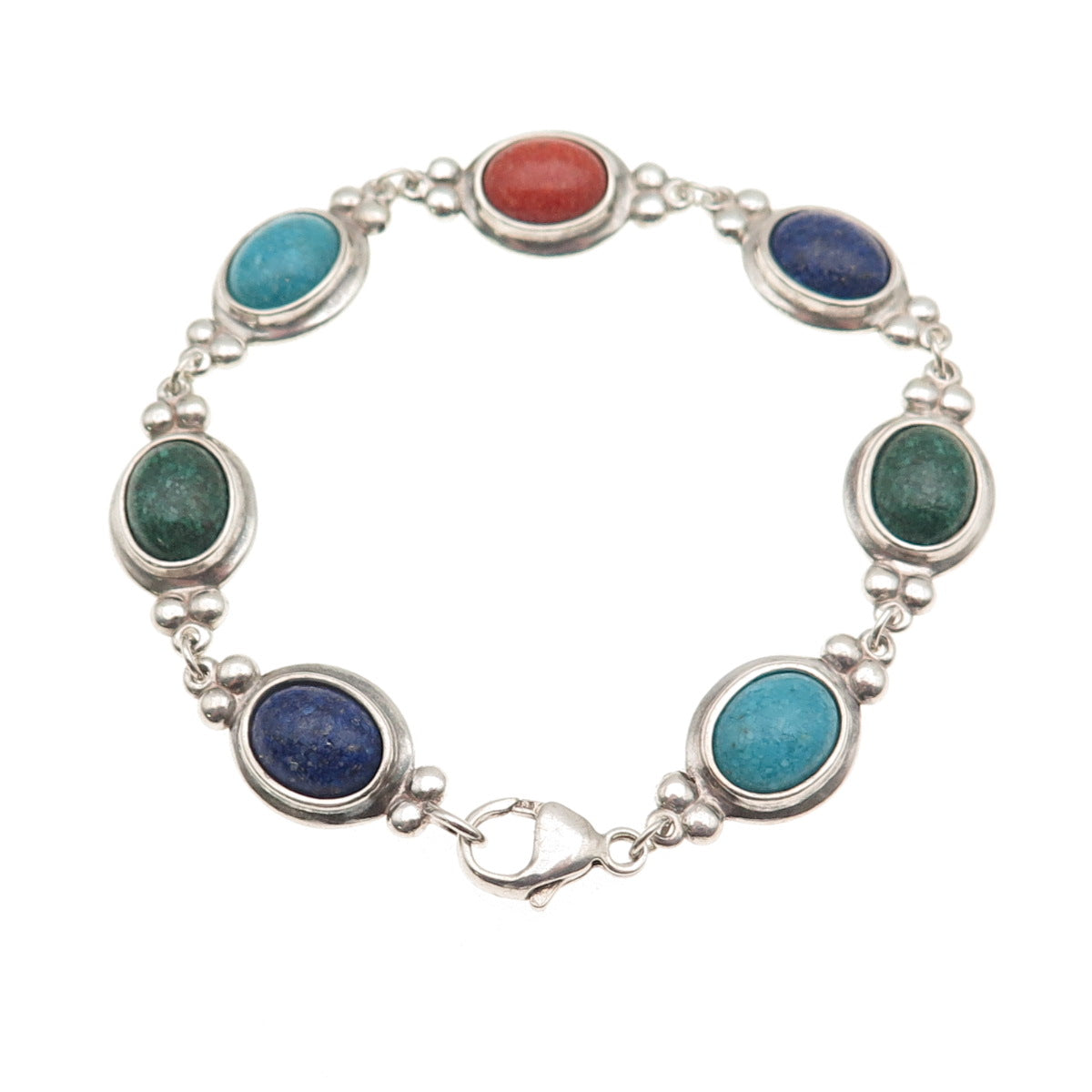 Coleman Co. 925 Sterling Silver Vintage Real Multi-Gem Inlay Bracelet 6.75"