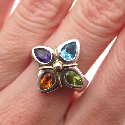 925 Sterling 18K Gold Vintage Real Topaz Amethyst Peridot & Citrine Ring Size 7