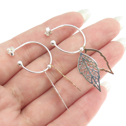 925 Sterling Silver 2-Tone Floral Leaf Dangle Charm Hoop Earrings