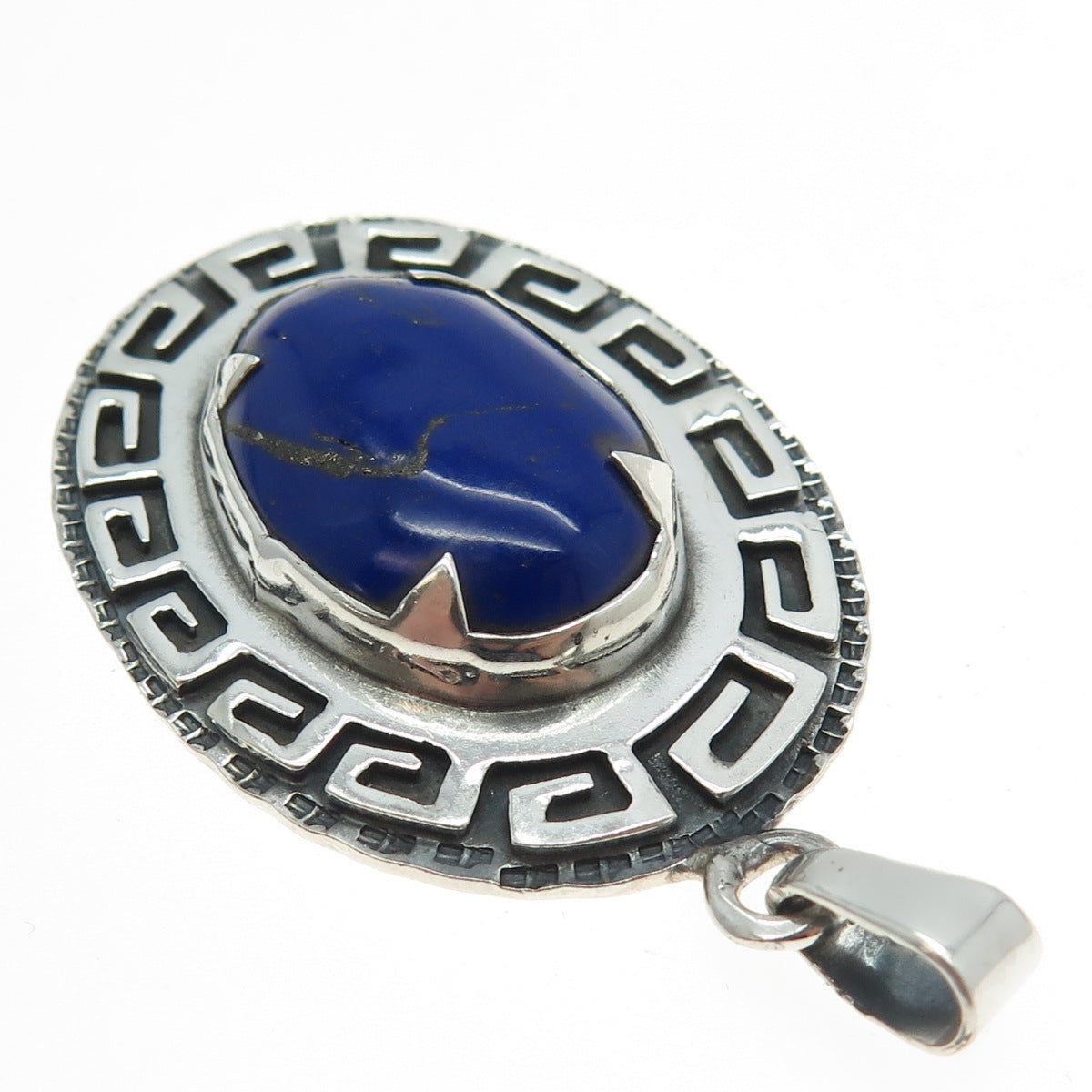 925 Sterling Silver Vintage Real Lapis Lazuli Gemstone Greek Maze Pendant