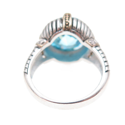 925 Sterling Silver 2-Tone Round-Cut Blue & White C Z Ribbed Ring Size 8.25