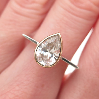 925 Sterling Silver 14K Gold Vintage Pear-Cut C Z Modernist Ring Size 6