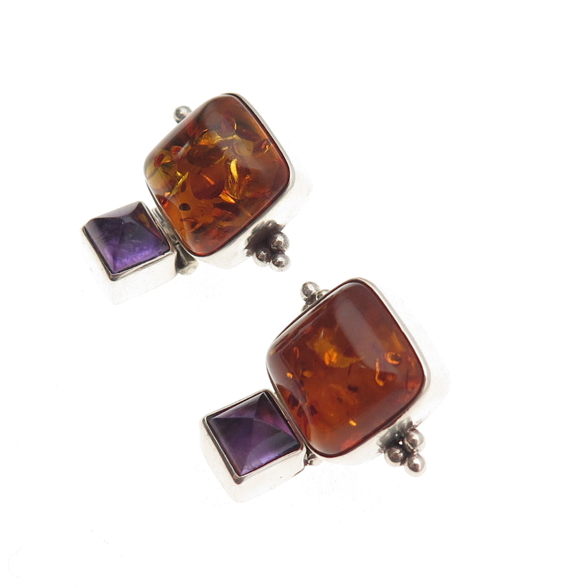 Lori Bonn 925 Sterling Silver Vintage Real Amber & Amethyst Modernist Earrings