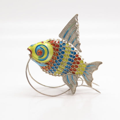 925 Sterling Silver Antique Enamel Articulated Chinese Koi Fish Chatelaine Fob