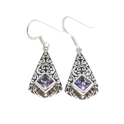 CHAPAL ZENRAY 925 Sterling Silver Vintage Amethyst Gem Ornate Dangling Earrings