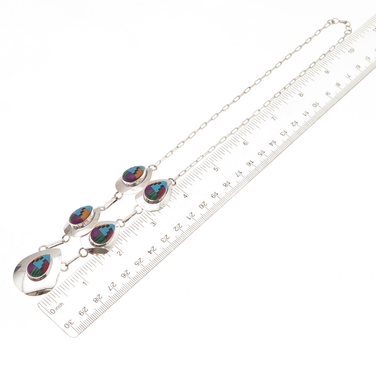 Old Pawn 925 Sterling Silver Vintage RWJ Zuni Multi-Gem Chain Necklace 20"
