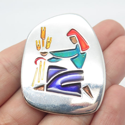 925 Sterling Silver Vintage Israel Colorful Enamel Girl Pin Brooch / Pendant