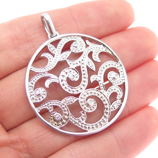 925 Sterling Silver Real Round-Cut Diamond Floral Scroll Charm Pendant