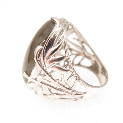925 Sterling Silver Real Labradorite Floral Ring Size 8.25