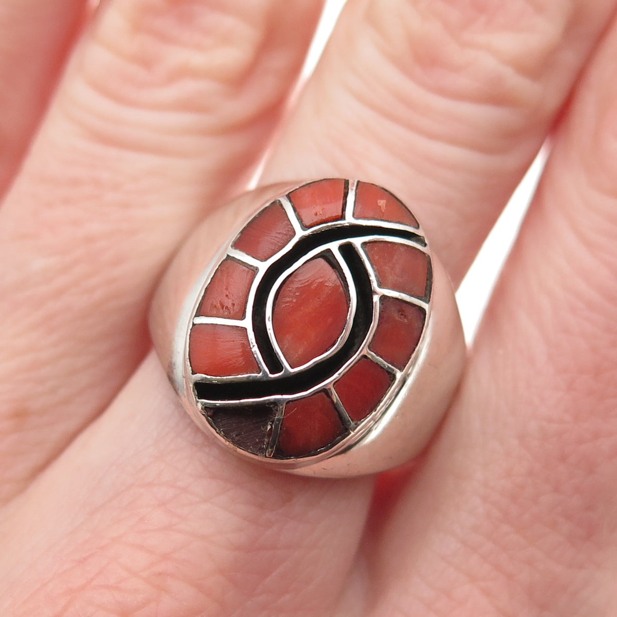 Dicky Amy Quandelacy Zuni Old Pawn Sterling Coral Ring Size 8.5 (missing stone)