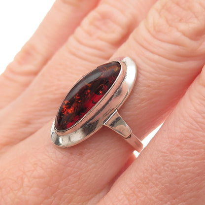 830 Silver Vintage Real Amber Modernist Oxidized Ring Size 7