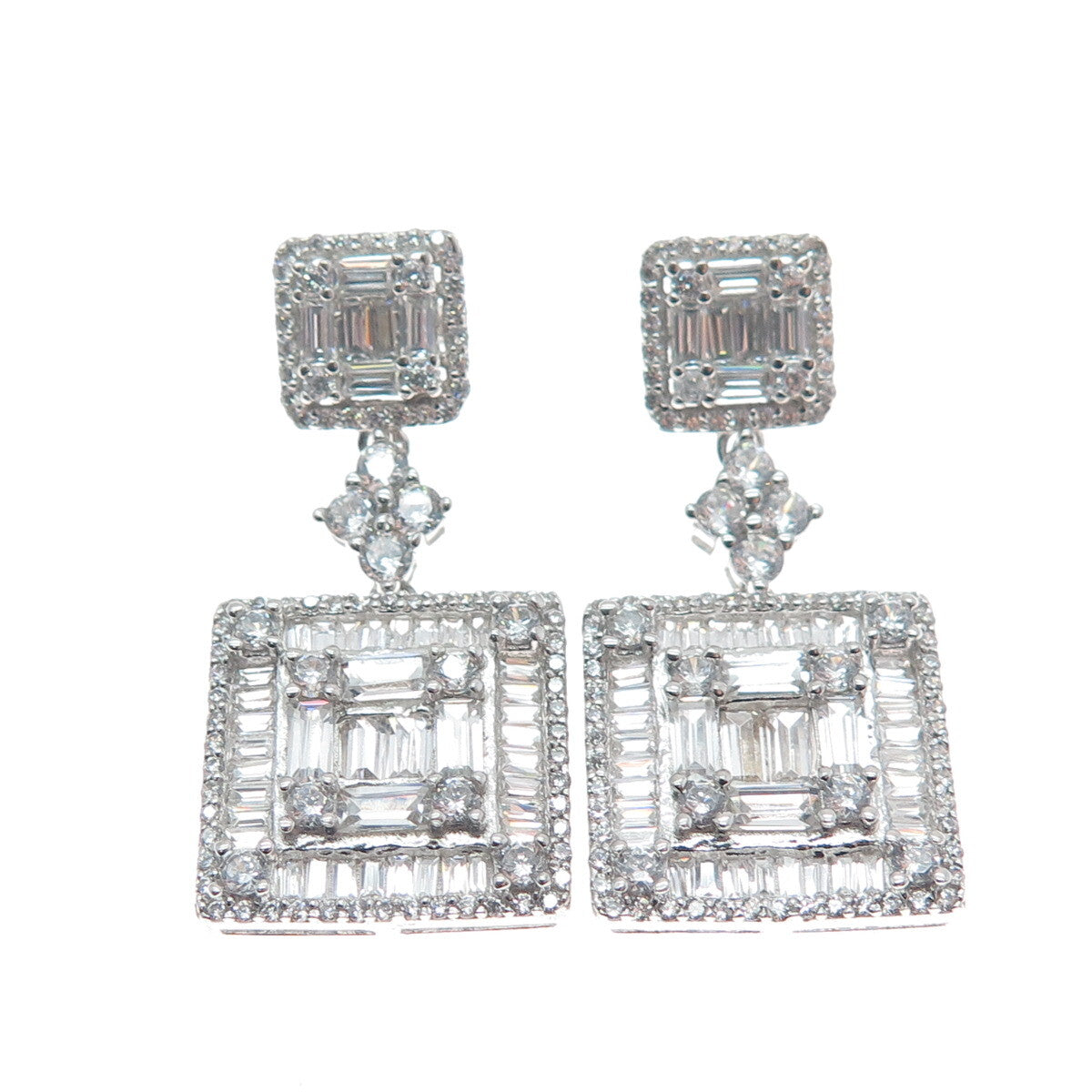 925 Sterling Silver Round & Baguette-Cut C Z Dangle Earrings