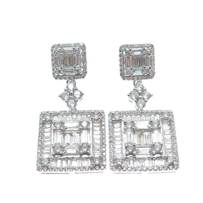 925 Sterling Silver Round & Baguette-Cut C Z Dangle Earrings