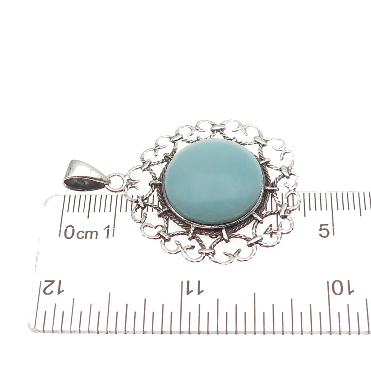925 Sterling Silver Vintage Real Amazonite Heart Ornate Charm Pendant