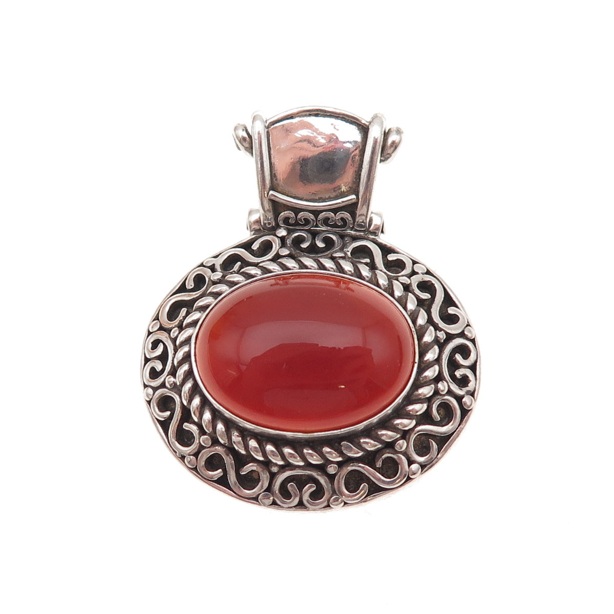 925 Sterling Silver Vintage Real Carnelian Swirl Oxidized Slide Pendant