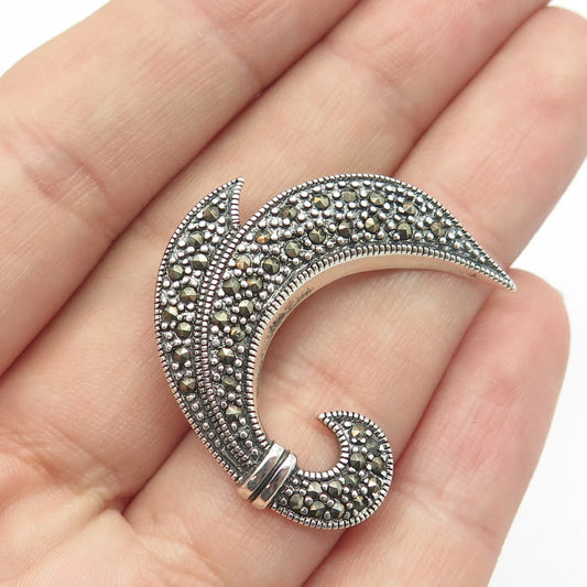 925 Sterling Silver Vintage Real Marcasite Gem Floral Pin Brooch