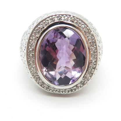 925 Sterling Silver Amethyst & White Topaz Gem Engraved Dome Ring Size 7.25