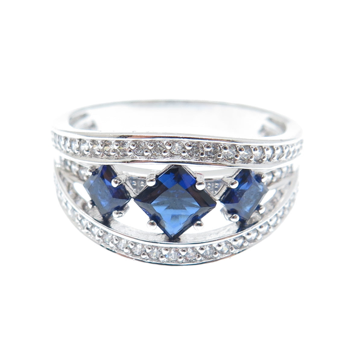925 Sterling Silver Lab-Created Sapphire & Round-Cut C Z Ring Size 11.25