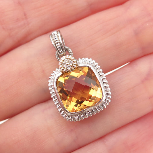 925 Sterling Silver 14K Gold Real Diamond & Citrine Charm Pendant