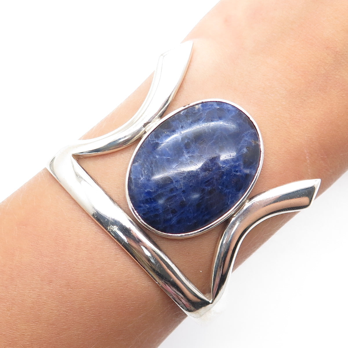 925 Sterling Silver Vintage Real Sodalite Modernist Heavy 77.9g Bracelet 6.75"