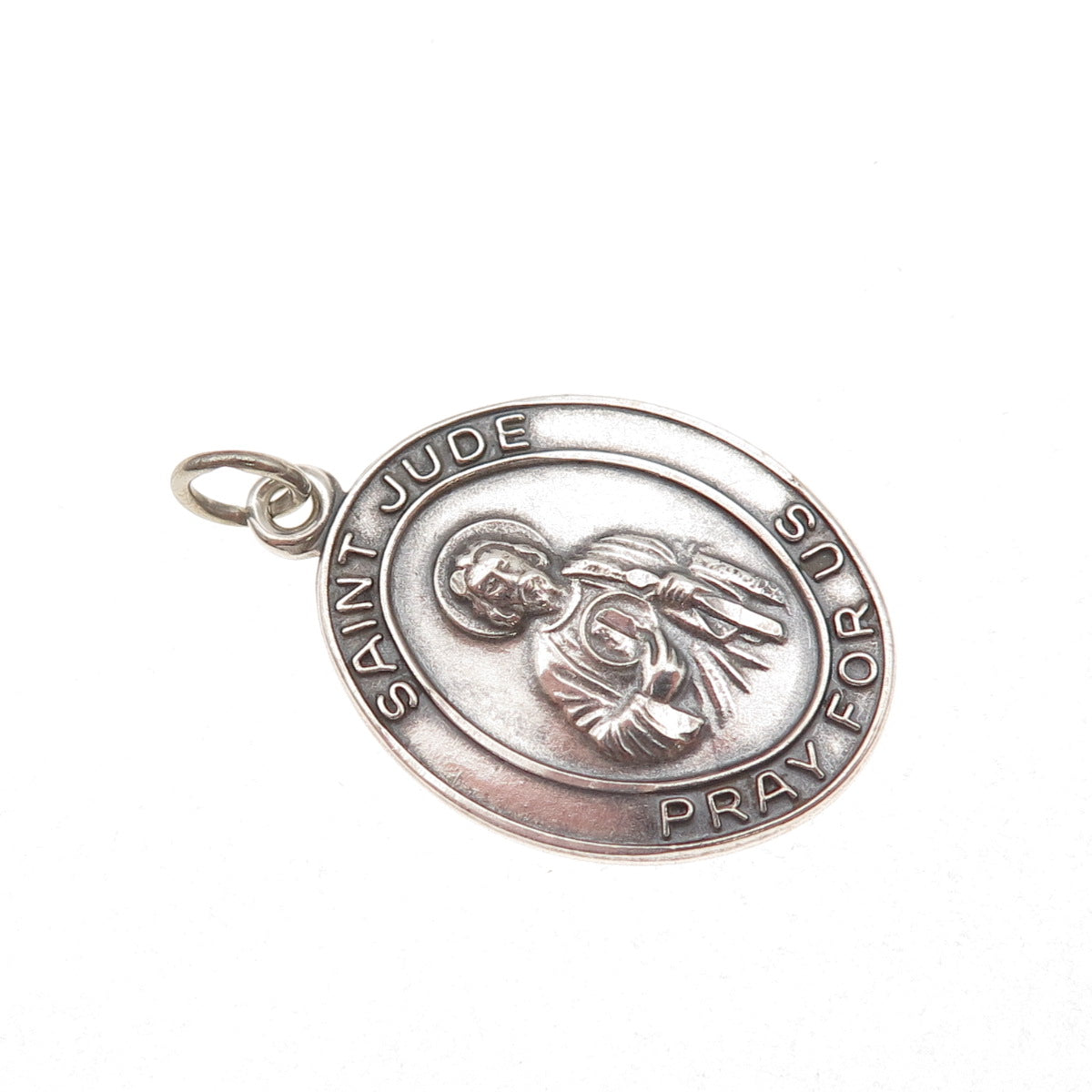 925 Sterling Silver Antique Art Deco Saint Jude Religious Oxidized Charm Pendant