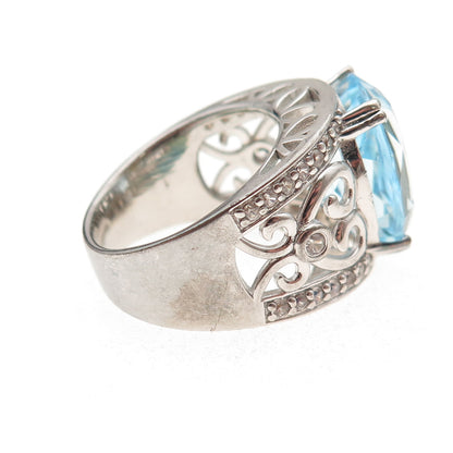 925 Sterling Silver Real Blue & White Topaz Heart Ornate Ring Size 7.25