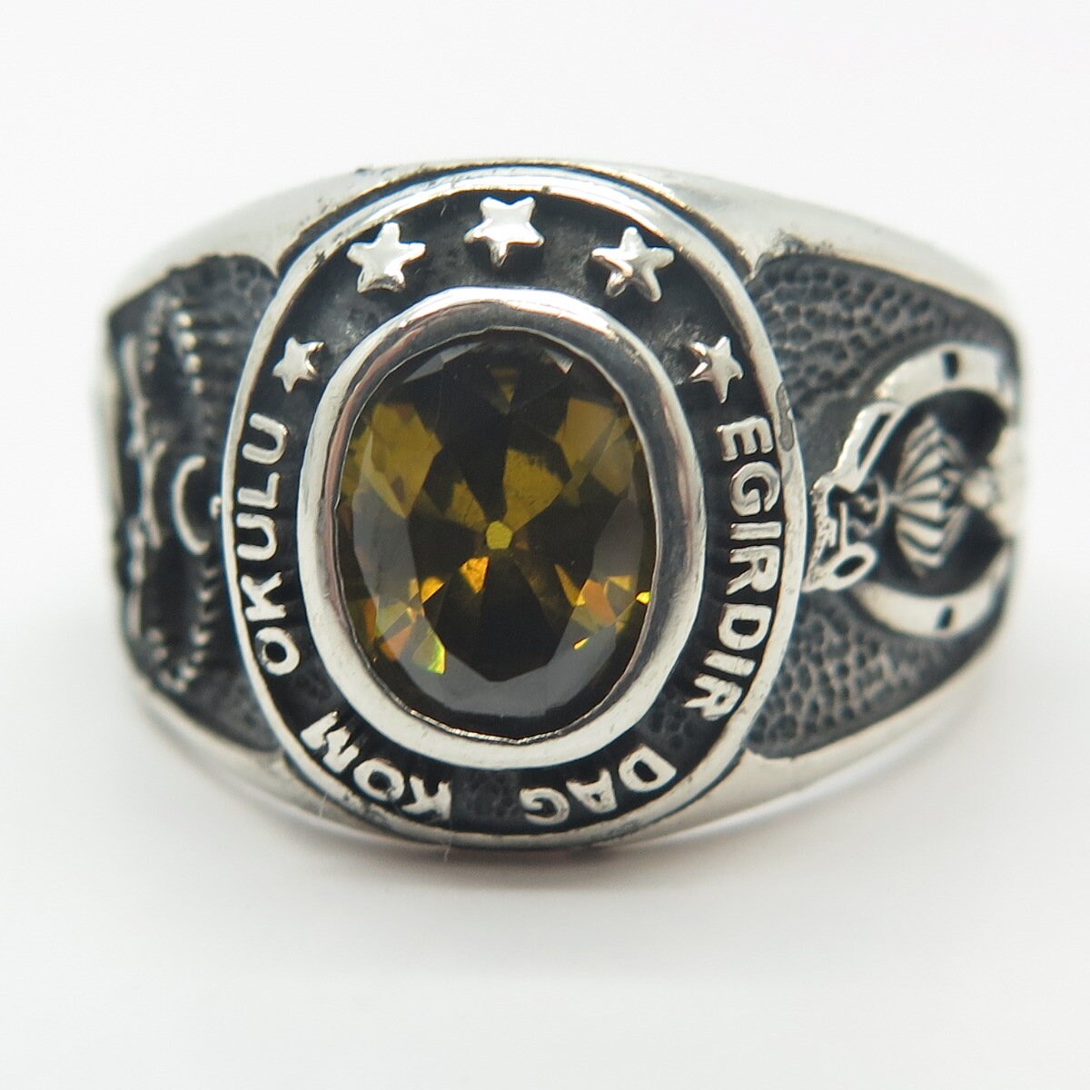 925 Sterling Silver Vintage Glass "Egirdin Dag Kom Okulu" School Ring Size 11.75